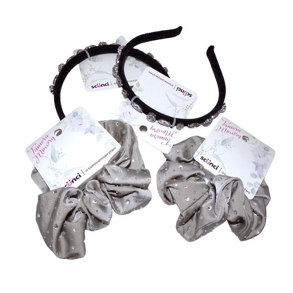 Scunci Tamera Mowry Accessories - (4) Hair Accessories Rhinestone Black Velvet Headbands-Rhinestone Scrunchies